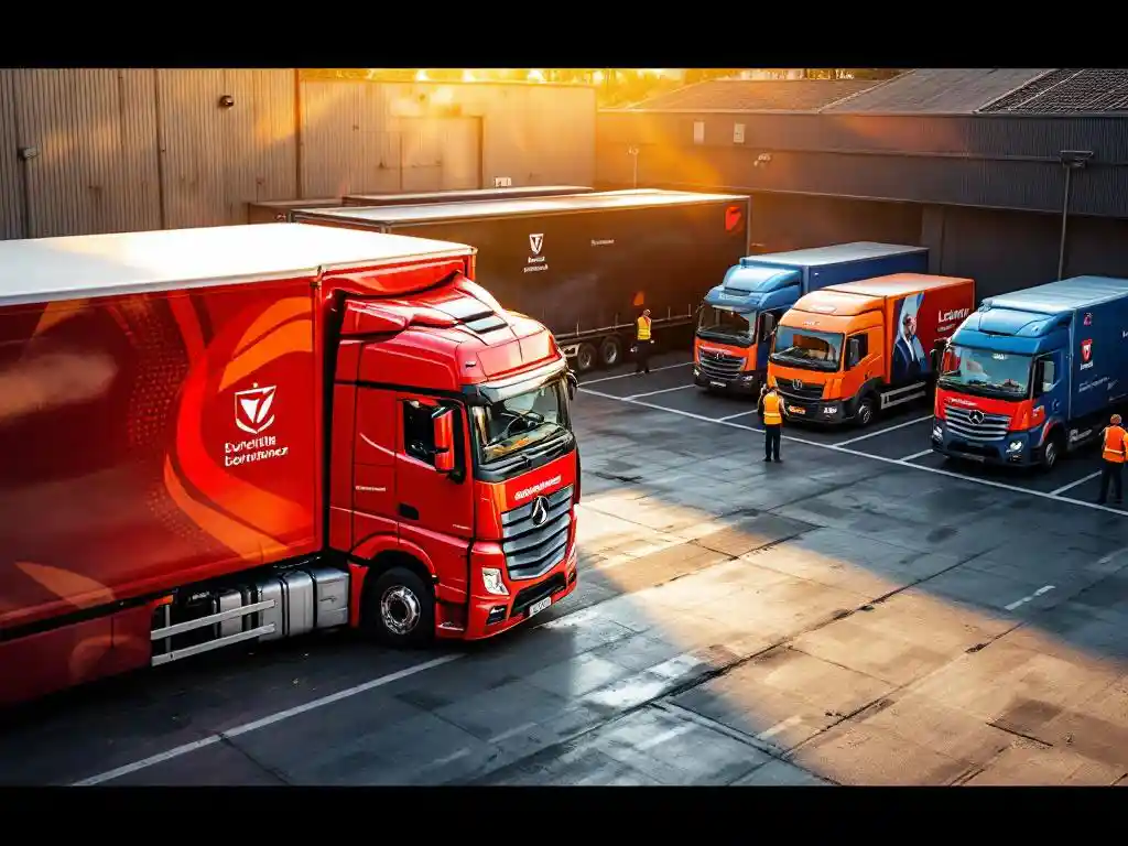 Rode bezorgwagen met reclame-opdruk op Nederlandse logistieke hub, werknemers in hesjes controleren voertuigbelettering