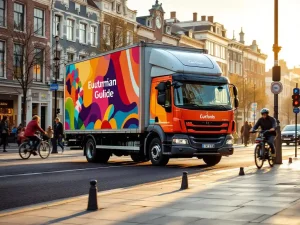 Kleurrijke bezorgwagen geparkeerd op drukke Nederlandse stadsstraat met voetgangers en fietsers op de achtergrond