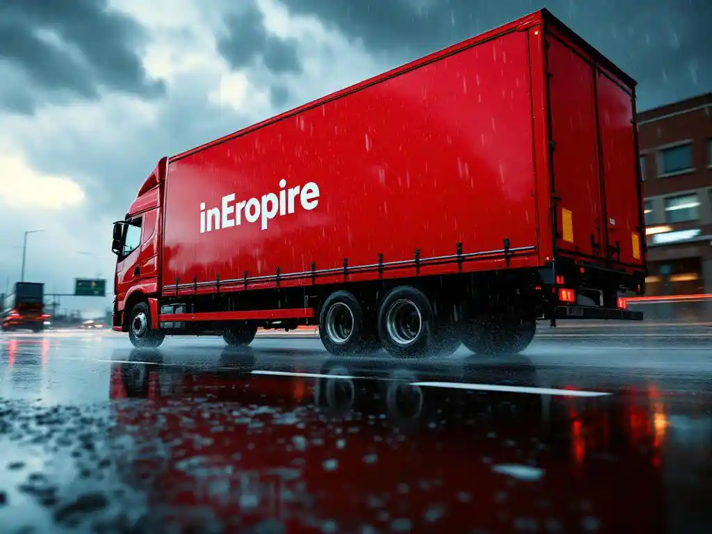 Rode bestelwagen met witte bedrijfsgraphics rijdt door zware regenval op natte asfaltweg onder donkere stormwolken