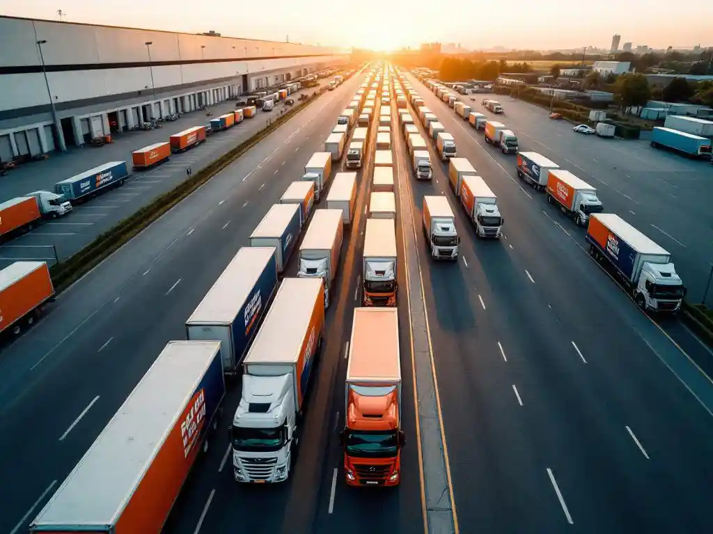Witte bezorgwagens met kleurrijke reclame-wraps in perfecte rijen op logistiek depot, luchtfoto tijdens gouden uur