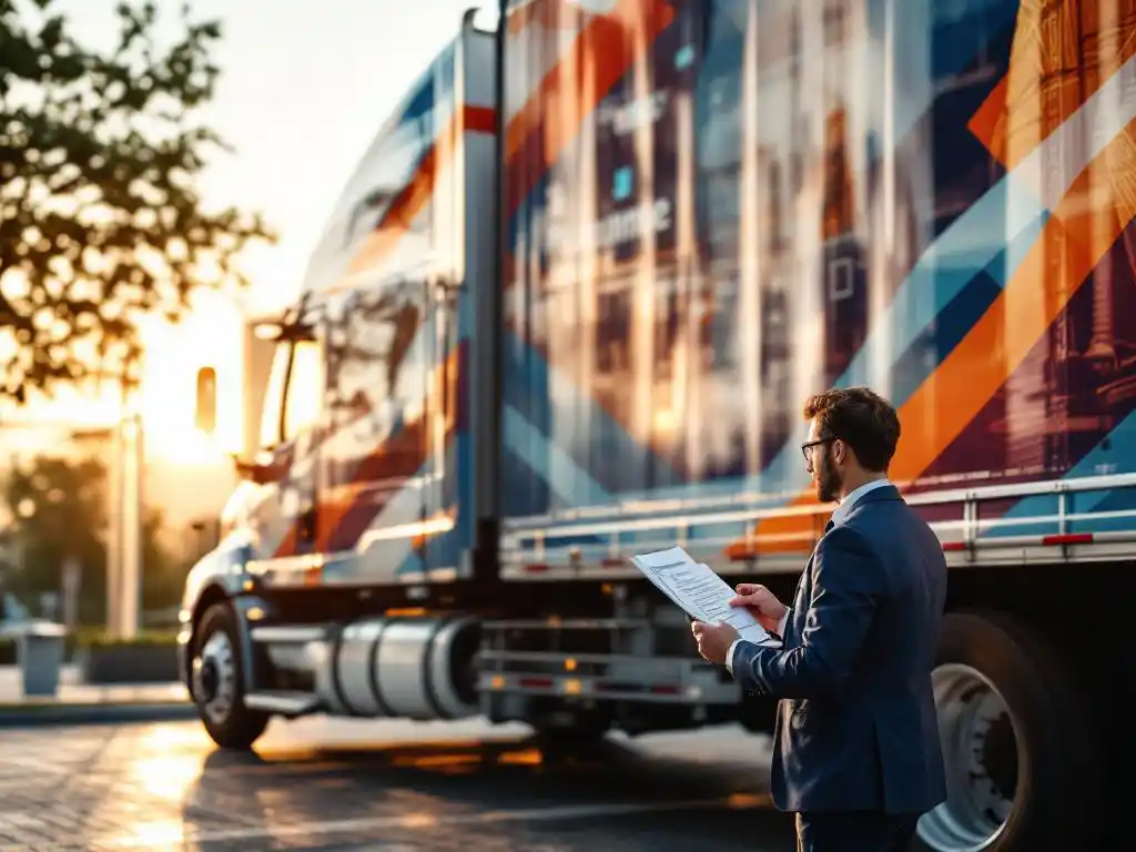 Commerciële vrachtwagen met kleurrijke reclame-wrap geparkeerd bij modern verzekeringskantoor, professionele verzekeringsagent bestudeert polisdocumenten