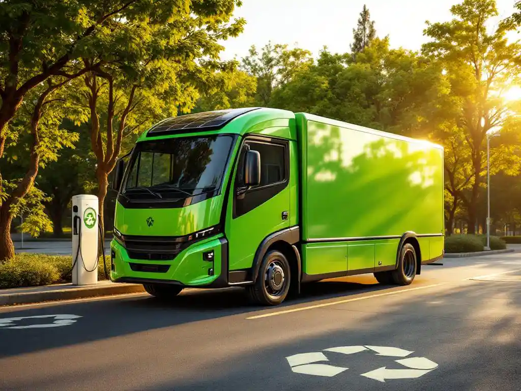 Groene elektrische vrachtwagen met zonnepanelen bij laadstation omringd door bomen tijdens gouden uur