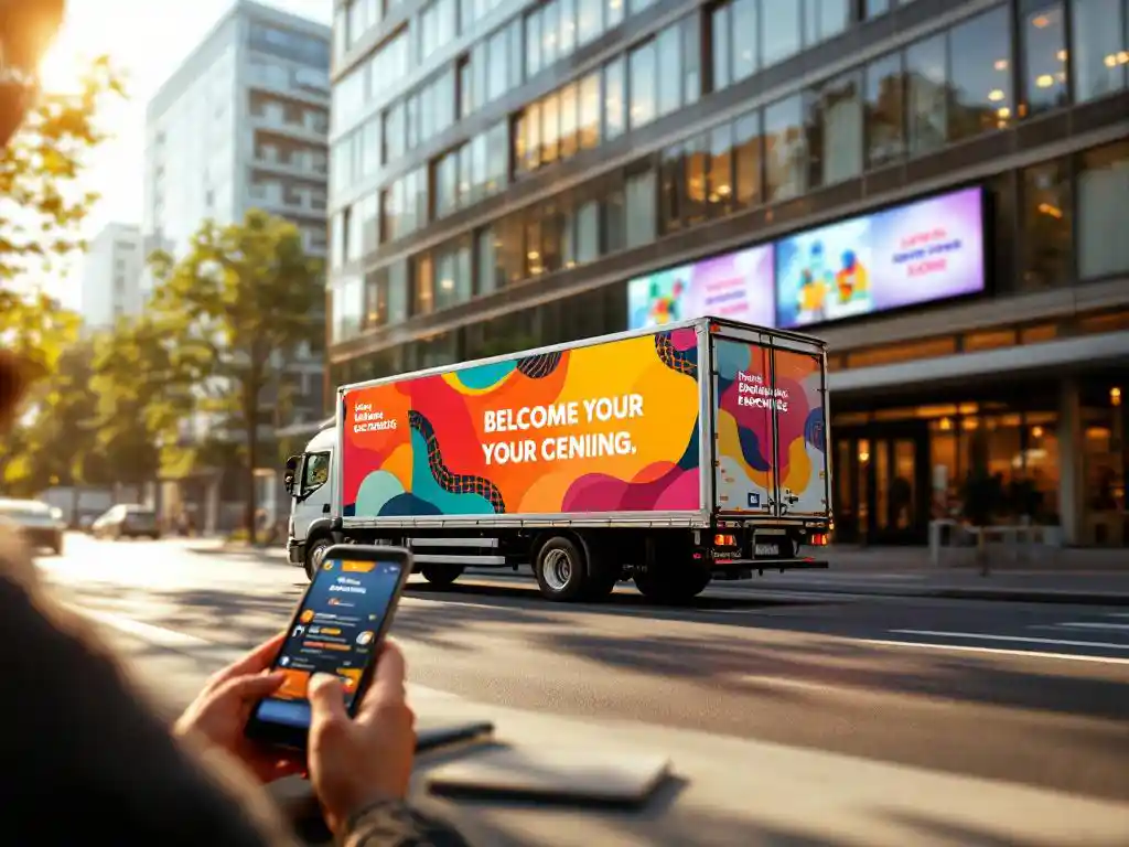 Kleurrijke bezorgwagen geparkeerd naast modern kantoorgebouw met digitale reclameschermen en smartphone op dashboard