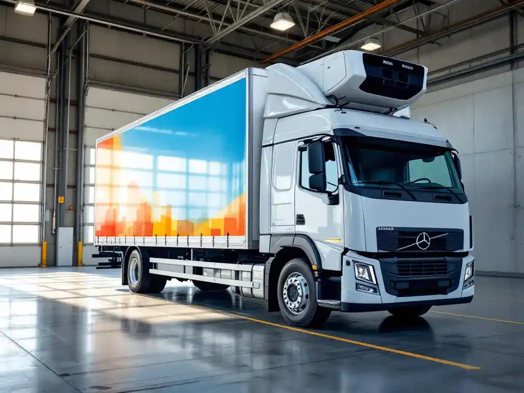 Witte koelwagen met blauw-oranje reclamebelettering geparkeerd bij moderne laadperron in industriële loods