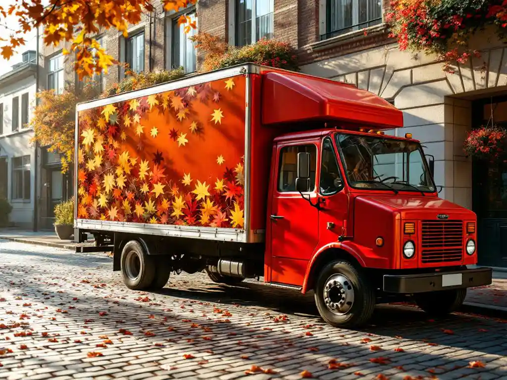 Rode bezorgwagen geparkeerd op kinderkopjes met herfstbladeren decoratie in oranje en goud tinten