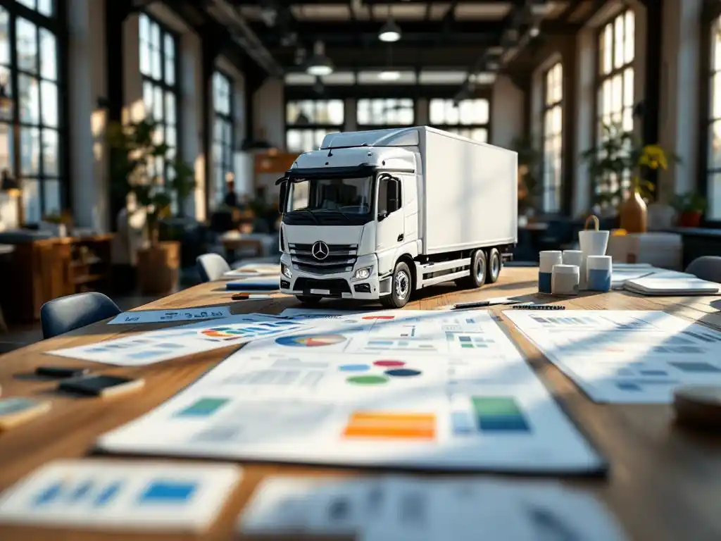 Projecttijdlijn op houten bureau met witte vrachtwagen model op campagne mockups, kleurstalen en ontwerpschetsen in modern kantoor