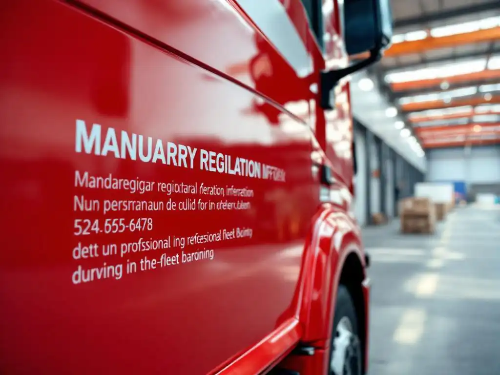 Rode vrachtwagen met witte regulatoire informatie geparkeerd bij Nederlands logistiek centrum met laaddokken