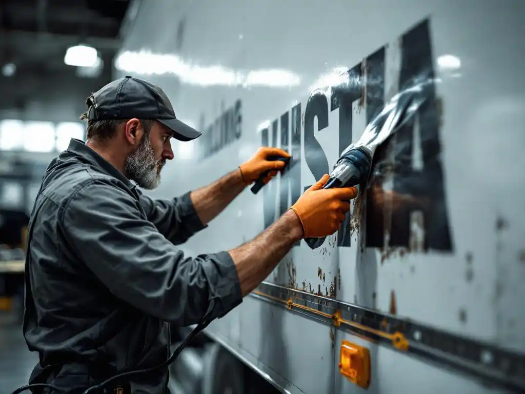 Technicus verwijdert versleten vinyl belettering van witte bedrijfswagen met heteluchtpistool en schraper in werkplaats