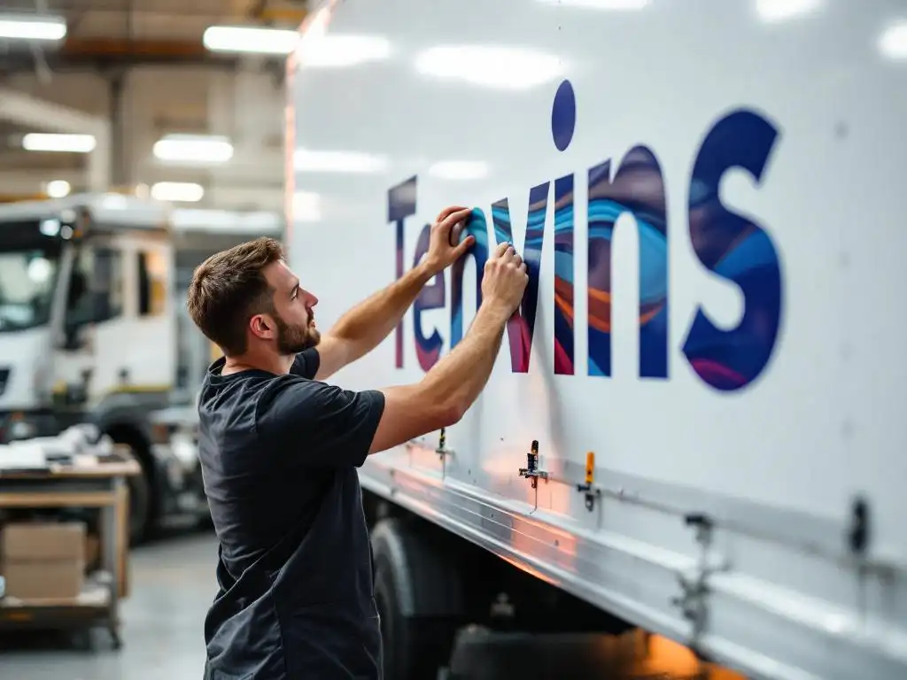 Professional brengt zorgvuldig vinylletters aan op witte bedrijfswagen in werkplaats met gereedschap op werkbank