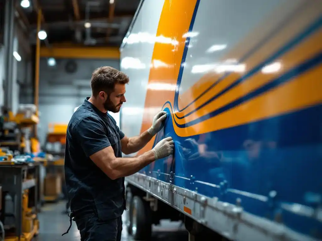 Technicus brengt oranje en blauwe vinyl graphics aan op witte bestelwagen in professionele werkplaats
