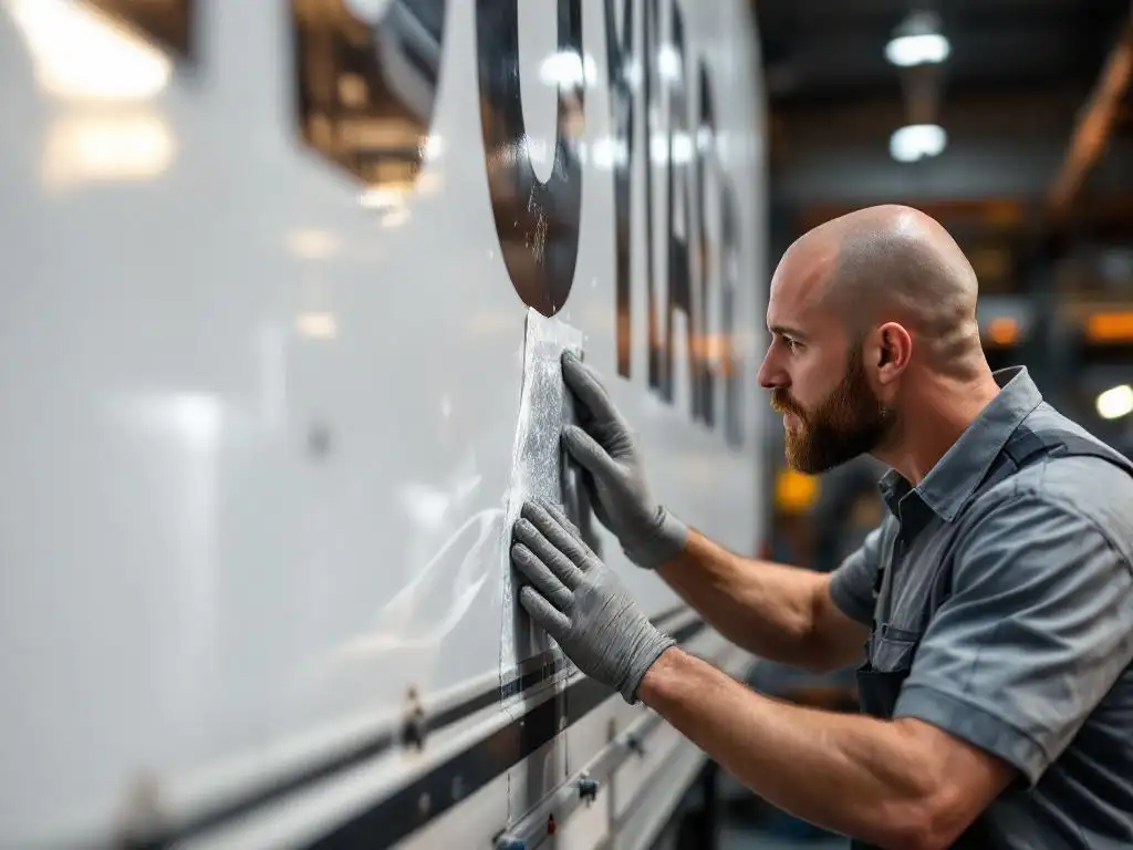 Technicus brengt vinyl reparatiepatch aan op beschadigde vrachtwagen reclame, handen strijken luchtbellen glad in werkplaats