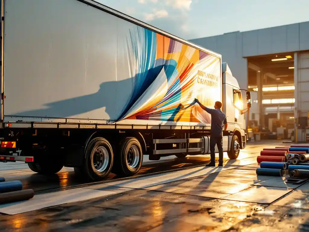 Technicus verwijdert vinyl wrap van witte bestelwagen bij moderne drukkerij, kleurrijke vinyldecoratie zichtbaar