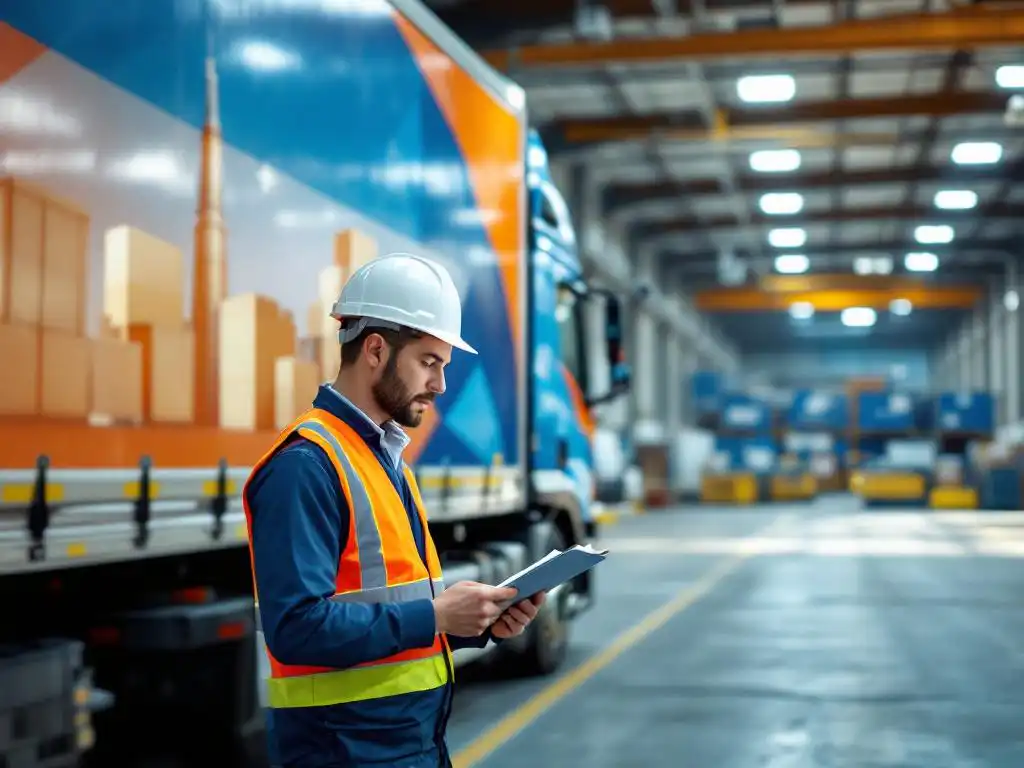 Professionele inspecteur in veiligheidsvest controleert aansprakelijkheidsdocumenten naast vrachtwagen bij logistiek centrum