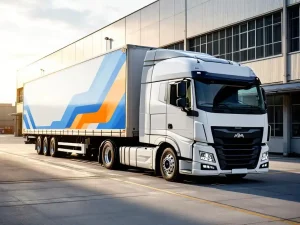 Witte vrachtwagen met blauwe en oranje bedrijfsgraphics geparkeerd in moderne logistieke yard met betonnen vloer