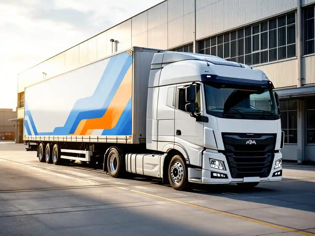 Witte vrachtwagen met blauwe en oranje bedrijfsgraphics geparkeerd in moderne logistieke yard met betonnen vloer