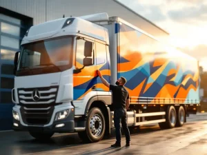 Professionele installateur brengt oranje en blauwe vinyl graphics aan op witte vrachtwagen bij Nederlandse drukkerij