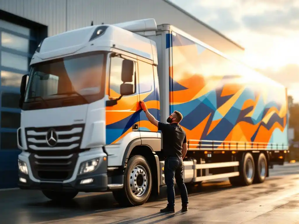 Professionele installateur brengt oranje en blauwe vinyl graphics aan op witte vrachtwagen bij Nederlandse drukkerij