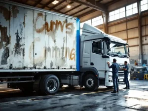 Witte vrachtwagen krijgt nieuwe merkbelettering aangebracht door monteur in moderne drukkerij met industriële apparatuur