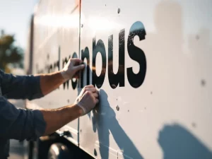 Professionele installateur brengt zwarte vinylletters aan op witte zijkant van commerciële vrachtwagen in warm middaglicht