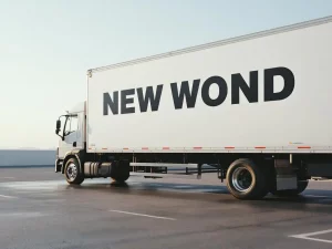 Witte bestelwagen geparkeerd op asfalt met zwarte letters op zijpaneel in natuurlijk daglicht