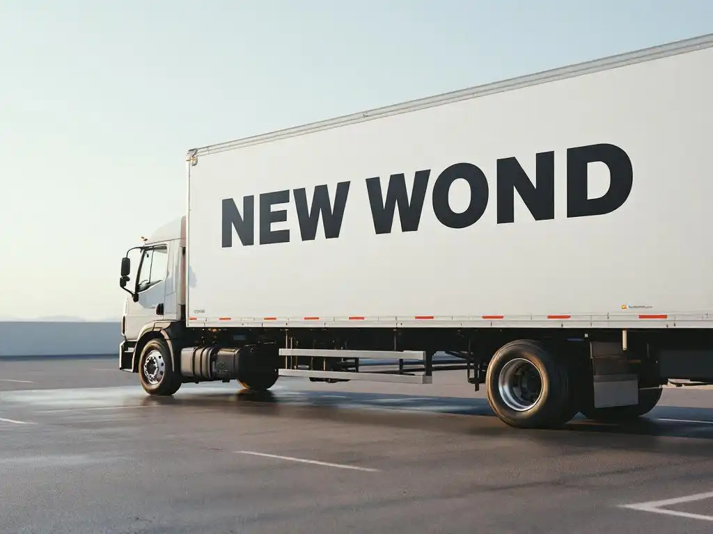 Witte bestelwagen geparkeerd op asfalt met zwarte letters op zijpaneel in natuurlijk daglicht