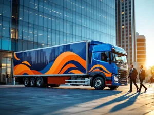 Commerciële vrachtwagen met blauw-oranje vinyl belettering geparkeerd voor glazen kantoorgebouw, zakenmensen lopen voorbij