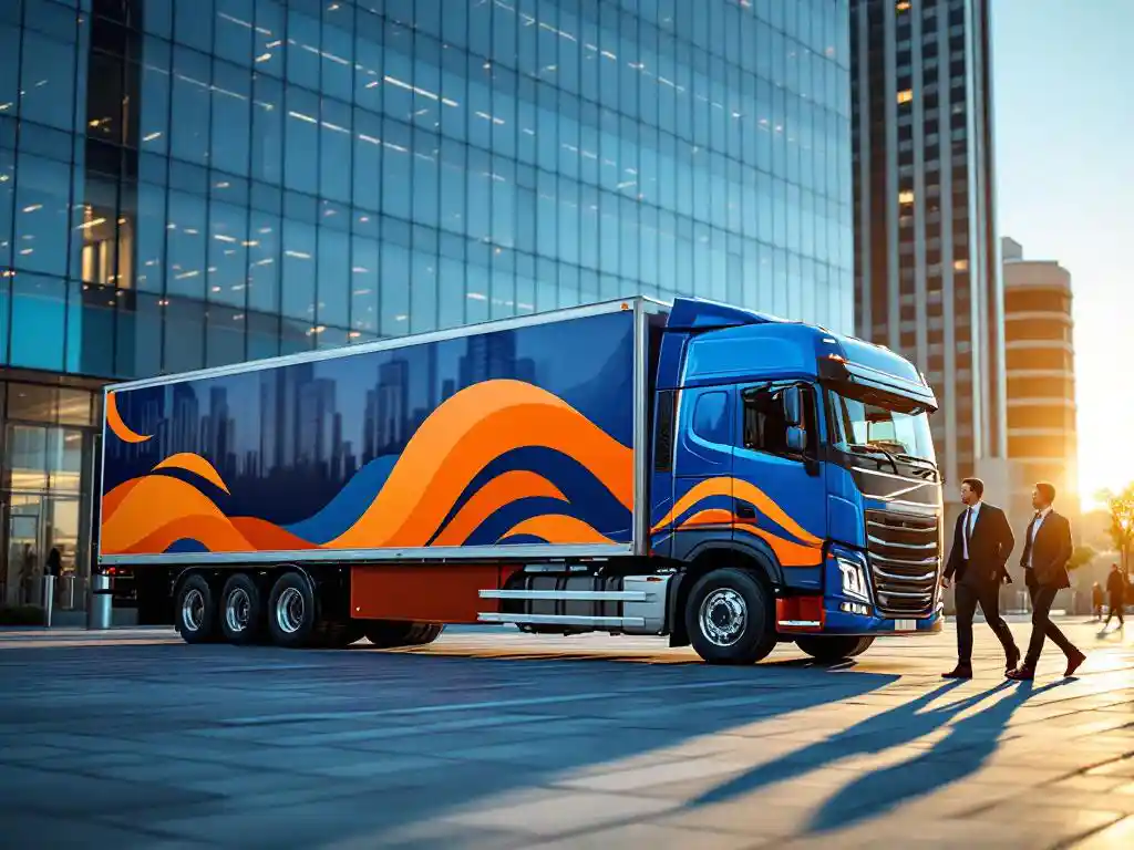 Commerciële vrachtwagen met blauw-oranje vinyl belettering geparkeerd voor glazen kantoorgebouw, zakenmensen lopen voorbij
