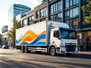 Witte bestelwagen met blauwe en oranje reclamebelettering geparkeerd voor modern Nederlands bedrijvengebied
