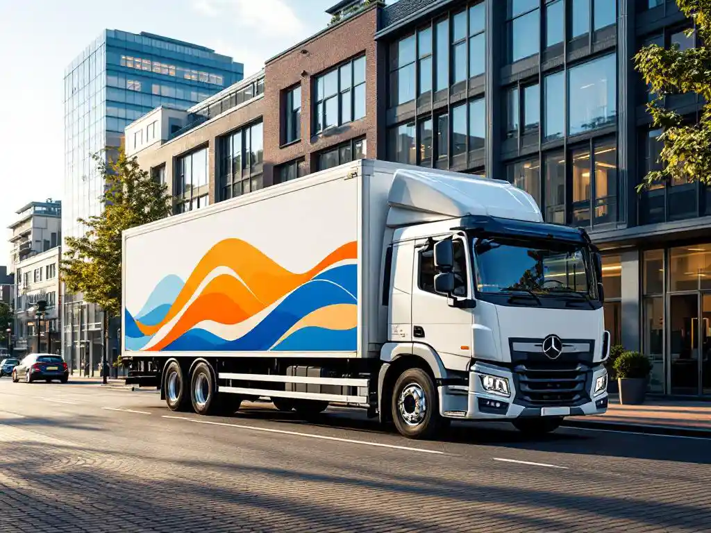 Witte bestelwagen met blauwe en oranje reclamebelettering geparkeerd voor modern Nederlands bedrijvengebied