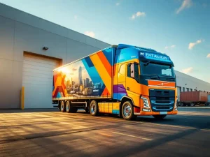 Commerciële vrachtwagen met kleurrijke reclamebelettering geparkeerd bij modern logistiek magazijn in warm middaglicht