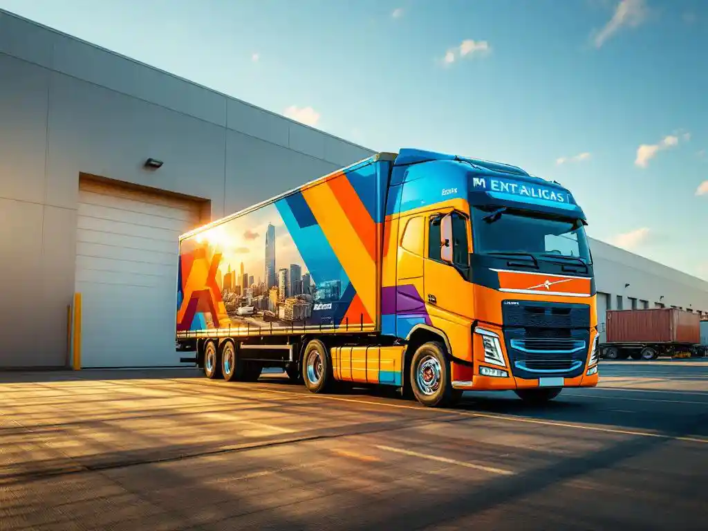Commerciële vrachtwagen met kleurrijke reclamebelettering geparkeerd bij modern logistiek magazijn in warm middaglicht