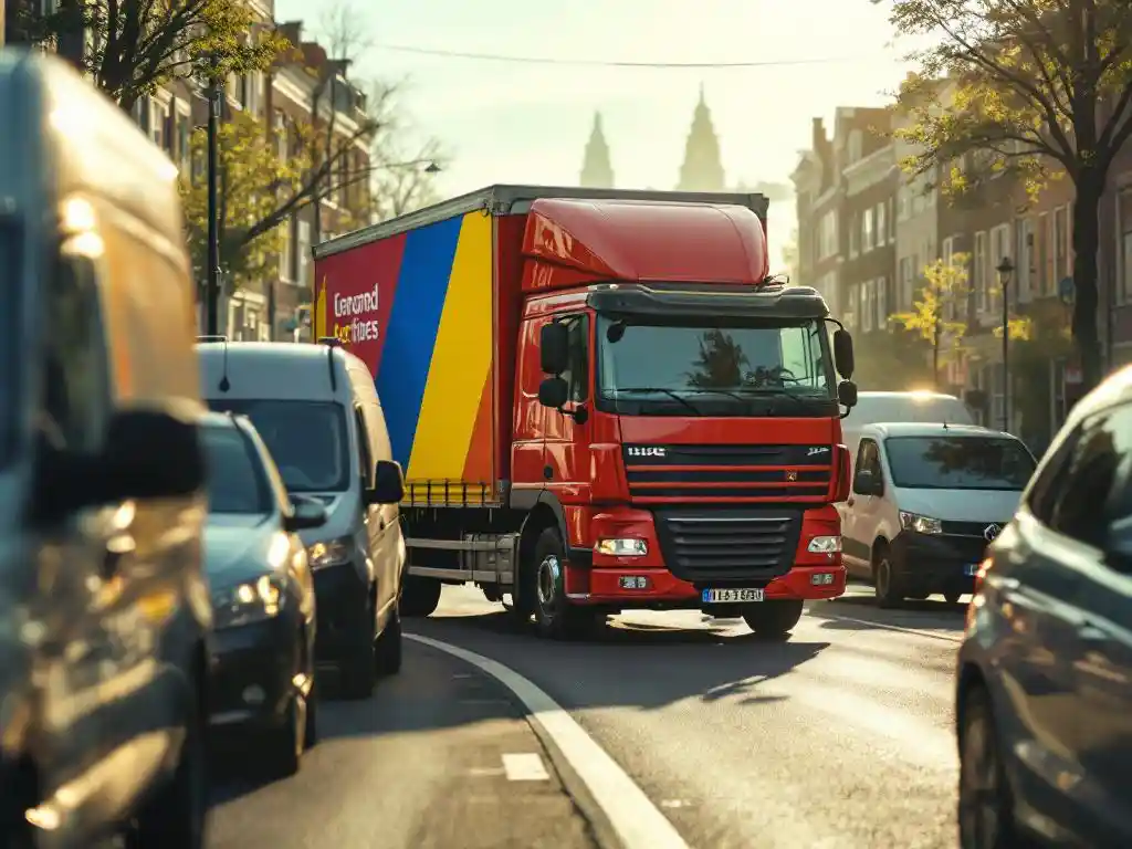 Felrode bezorgwagen met kleurrijke reclame-opdruk rijdt door drukke Nederlandse stadsstraat tussen grijze en witte voertuigen