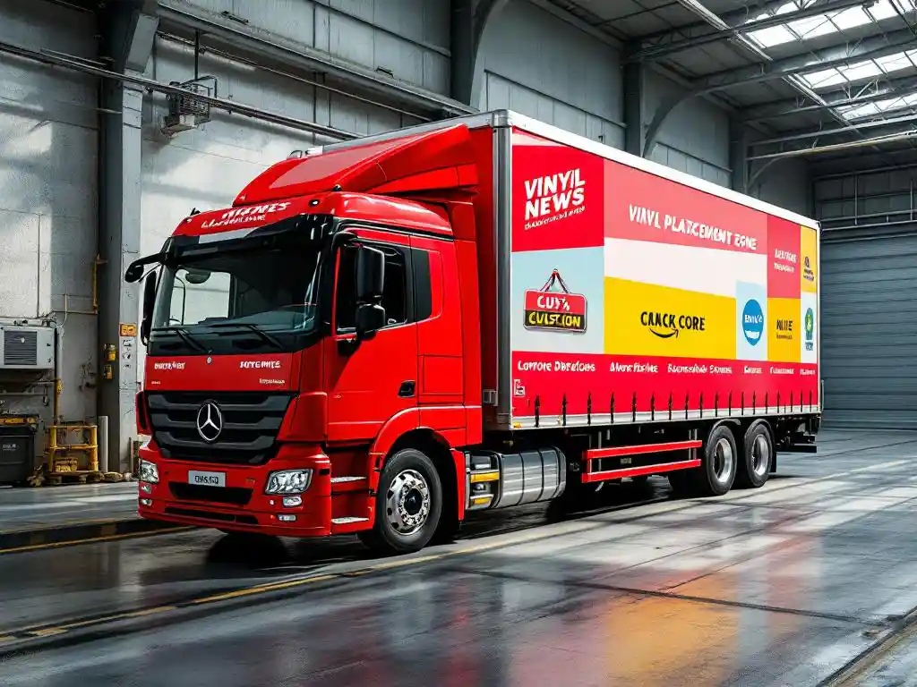 Rode vrachtwagen met kleurrijke reclamefolies geparkeerd bij laadperron in industriële loods