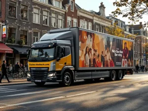 Grote vrachtwagen met kleurrijke reclamebelettering rijdt door drukke Nederlandse stadsstraat met winkels en voetgangers