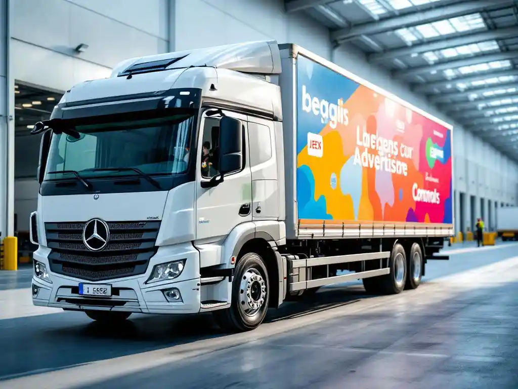 Witte bestelwagen met merklogo's wordt geïnspecteerd door werknemer in veiligheidsvest bij moderne logistieke faciliteit
