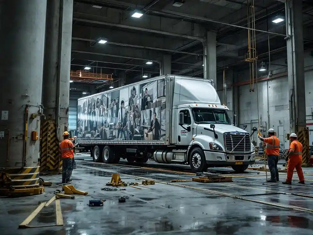 Vrachtwagen met reclamebelettering op drukke laadperron, arbeiders manoeuvreren tussen betonnen pilaren en voertuigen