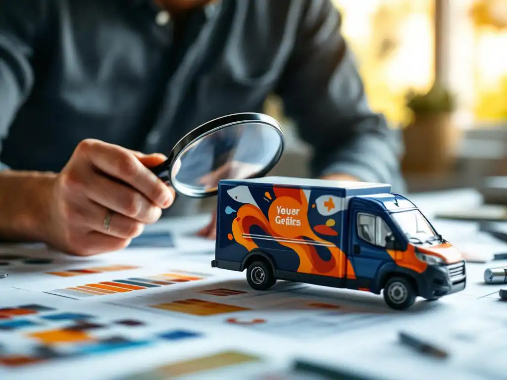 Professionele ontwerper onderzoekt schaalmodel van bezorgwagen met vergrootglas, omringd door kleurstalen en ontwerpproeven op witte tekentafel
