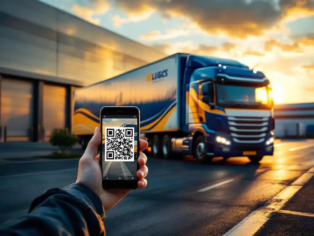 Vrachtwagen met QR-code op trailer wordt gescand door smartphone bij logistiek centrum tijdens gouden uur