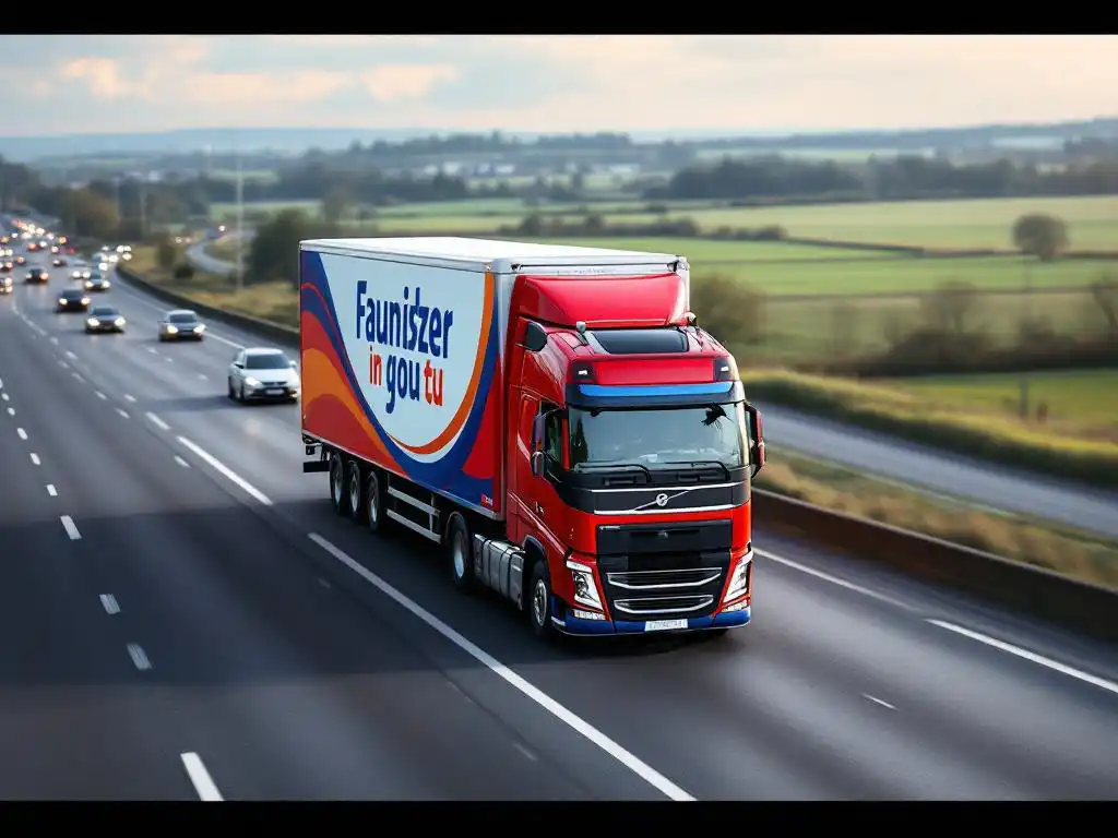 Grote vrachtwagen met kleurrijke reclame-opdruk rijdt over Nederlandse snelweg tussen auto's en groene velden