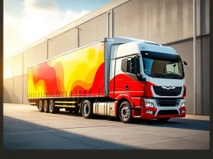 Commerciële vrachtwagen met rode en gele reclamebelettering geparkeerd op betonnen industrieterrein in zonlicht