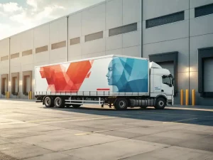 Witte bezorgvruck met rode en blauwe reclamebelettering geparkeerd bij modern logistiek centrum met laaddokken