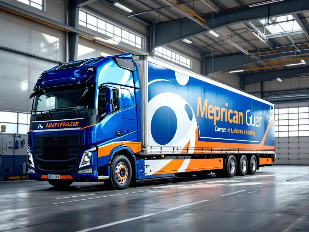 Professionele installateur brengt vinyl wrap aan op vrachtwagen bij laaddok in industriële loods met natuurlijk daglicht
