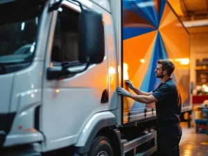 Professionele installateur brengt oranje en blauwe vinyl graphics aan op witte bestelwagen in moderne laadhal