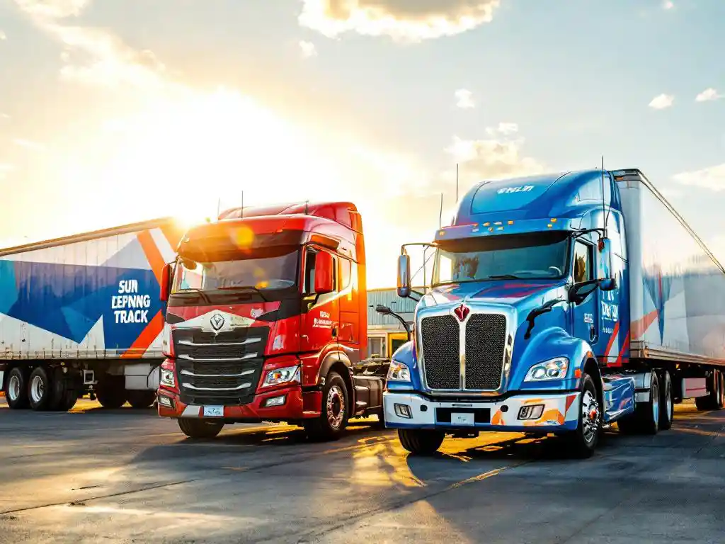 Twee commerciële vrachtwagens met rode en blauwe vinyl belettering, één vervaagd door zonschade naast een onbeschadigde truck op industriële parkeerplaats