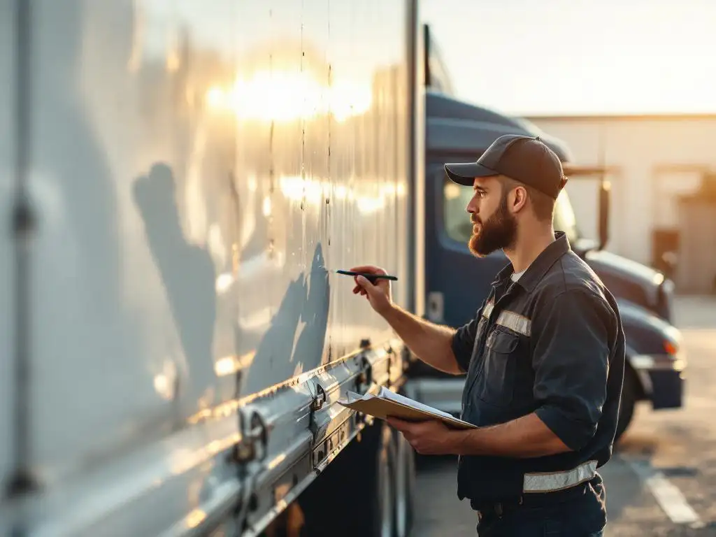 Vrachtwagenchauffeur inspecteert vinylgraphics op witte vrachtwagen in industriële yard tijdens gouden uur