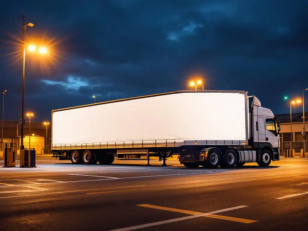 Grote witte vrachtwagen met reclamebelettering geparkeerd in beveiligde industriële werf met LED-verlichting en bewakingscamera's