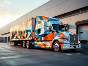 Witte vrachtwagen met kleurrijke geometrische vinyl wrap geparkeerd bij moderne laadkade tijdens gouden uur
