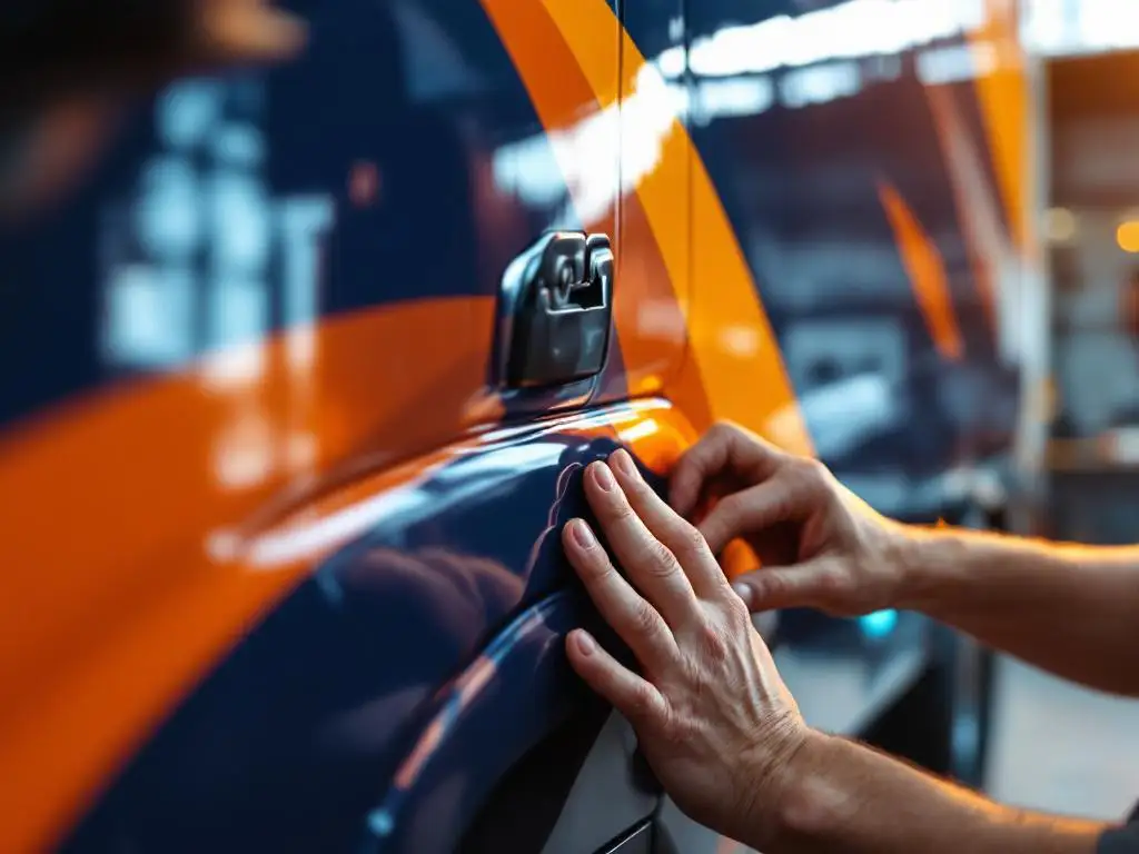 Installateur brengt glanzende 3M vinylfolie aan op zijpaneel van bestelwagen, handen strijken luchtbellen glad in professionele werkplaats