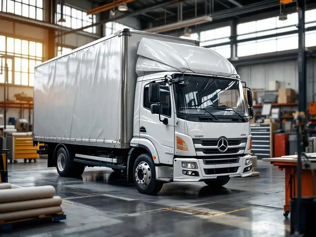 Witte bestelwagen met gekreukelde vinyl wrap naast professionele folietools en materialen in werkplaats
