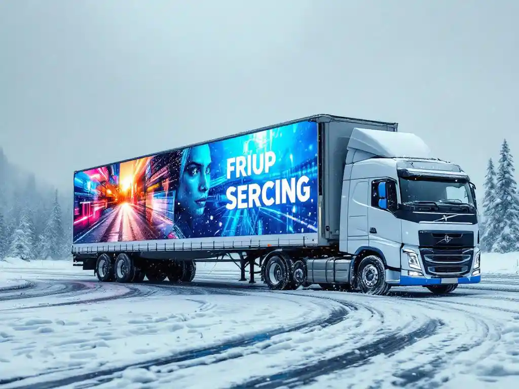 Commerciële vrachtwagen met kleurrijke reclamegrafiek geparkeerd in besneeuwd winterlandschap